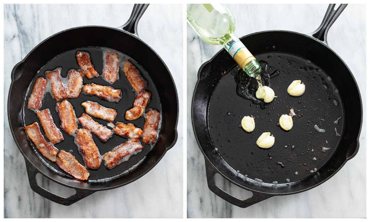 Cooked bacon in a cast iron skillet next to a skillet with garlic cloves being deglazed with wine.