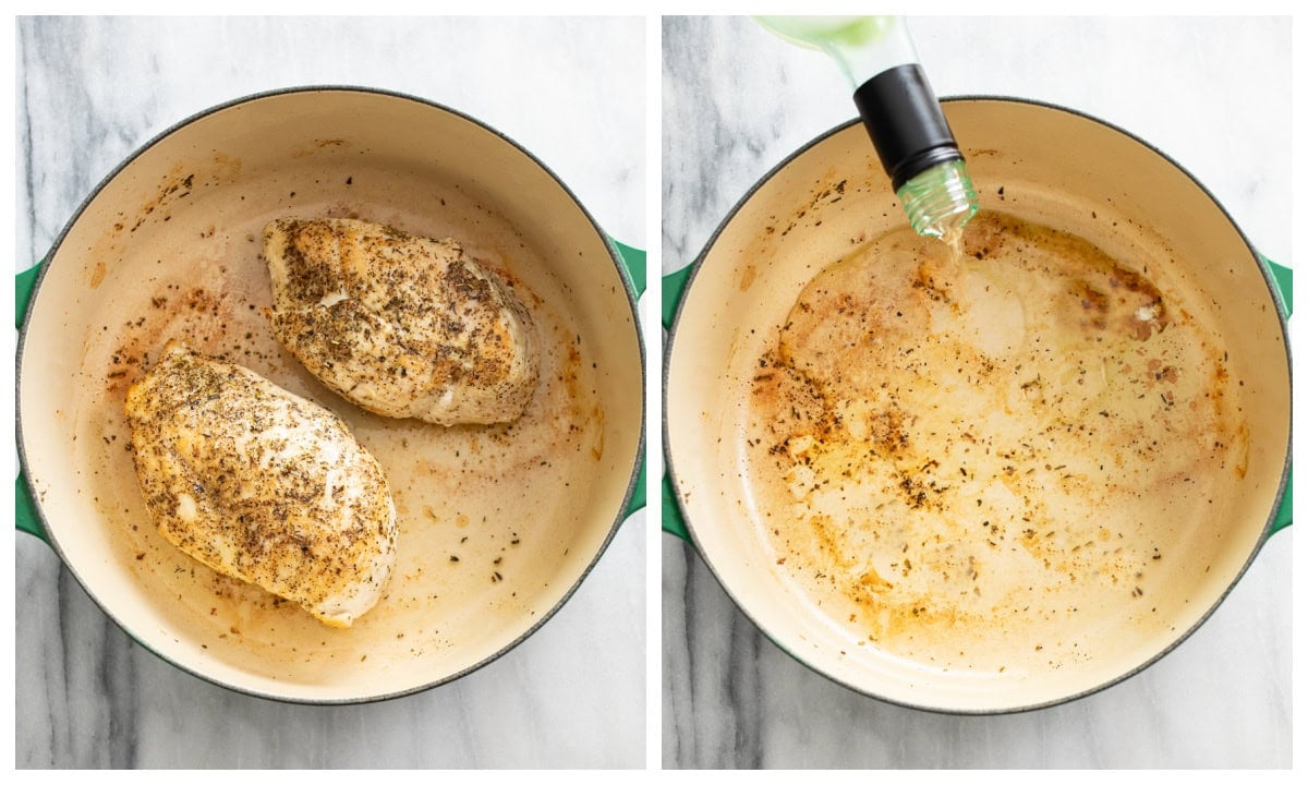 A soup pot with seared chicken breast next to a pot being deglazed with white wine.