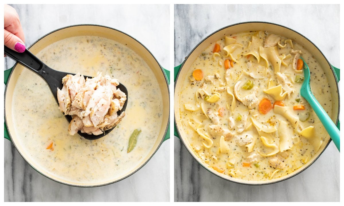 Adding chicken to a pot of creamy chicken noodle soup.