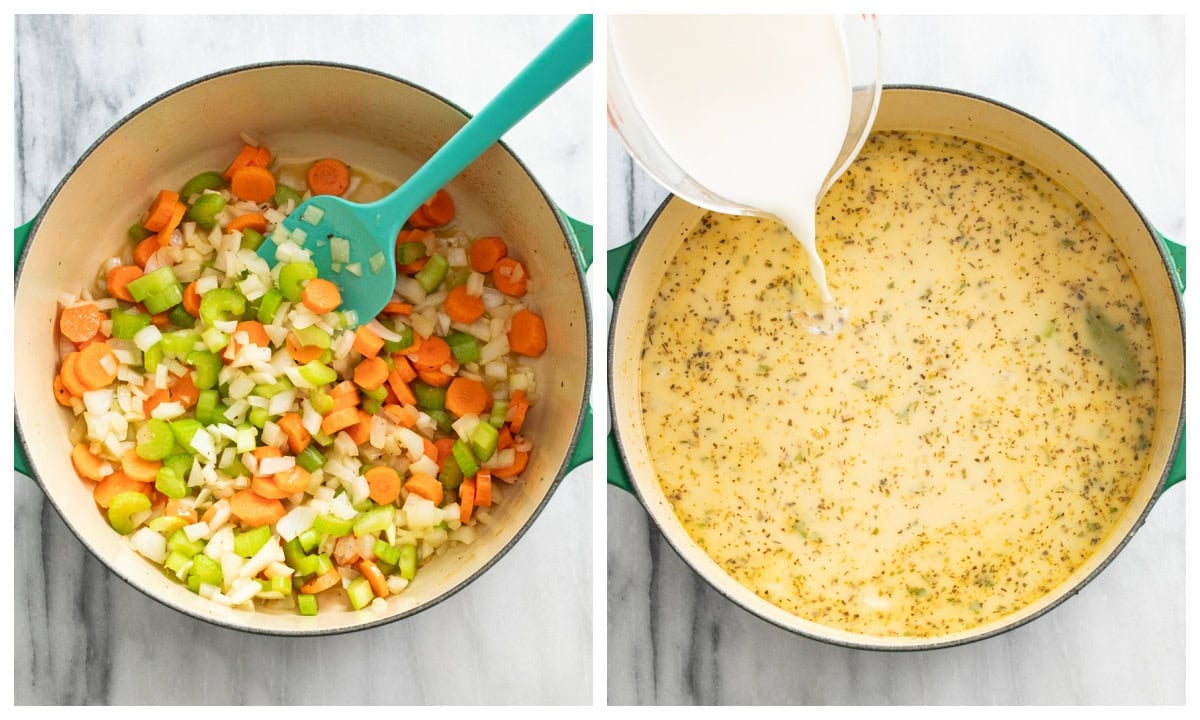 Cooking a mirepoix in a pot next to another pot with broth being made.