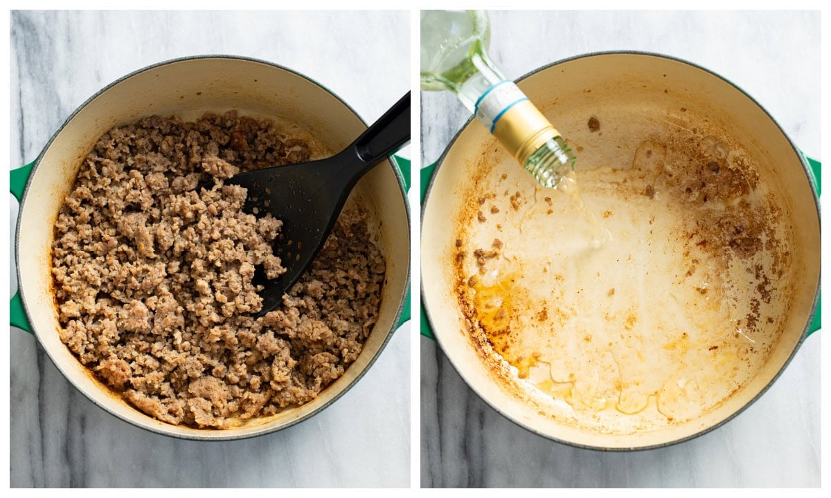 A soup pot with cooked ground sausage next to a soup pot being deglazed with white wine.