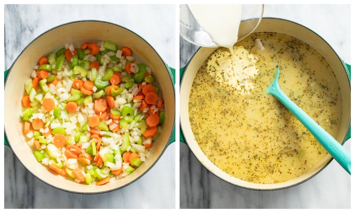 A pot with a mirepoix in it next to a pot with soup broth being made.