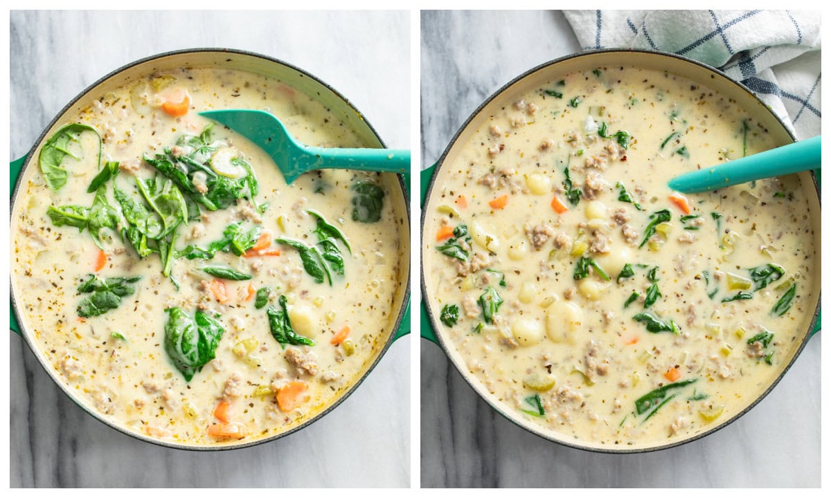 Adding spinach to Sausage Gnocchi Soup.