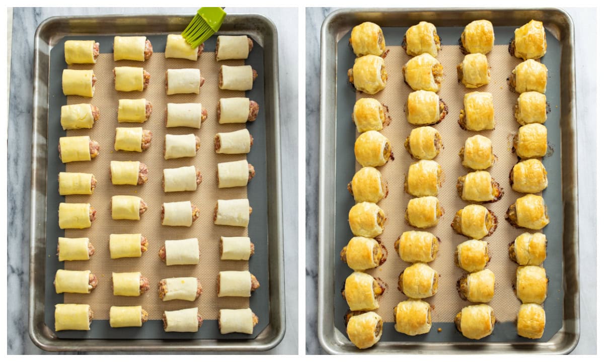 A baking sheet with Sausage Rolls before and after being baked.