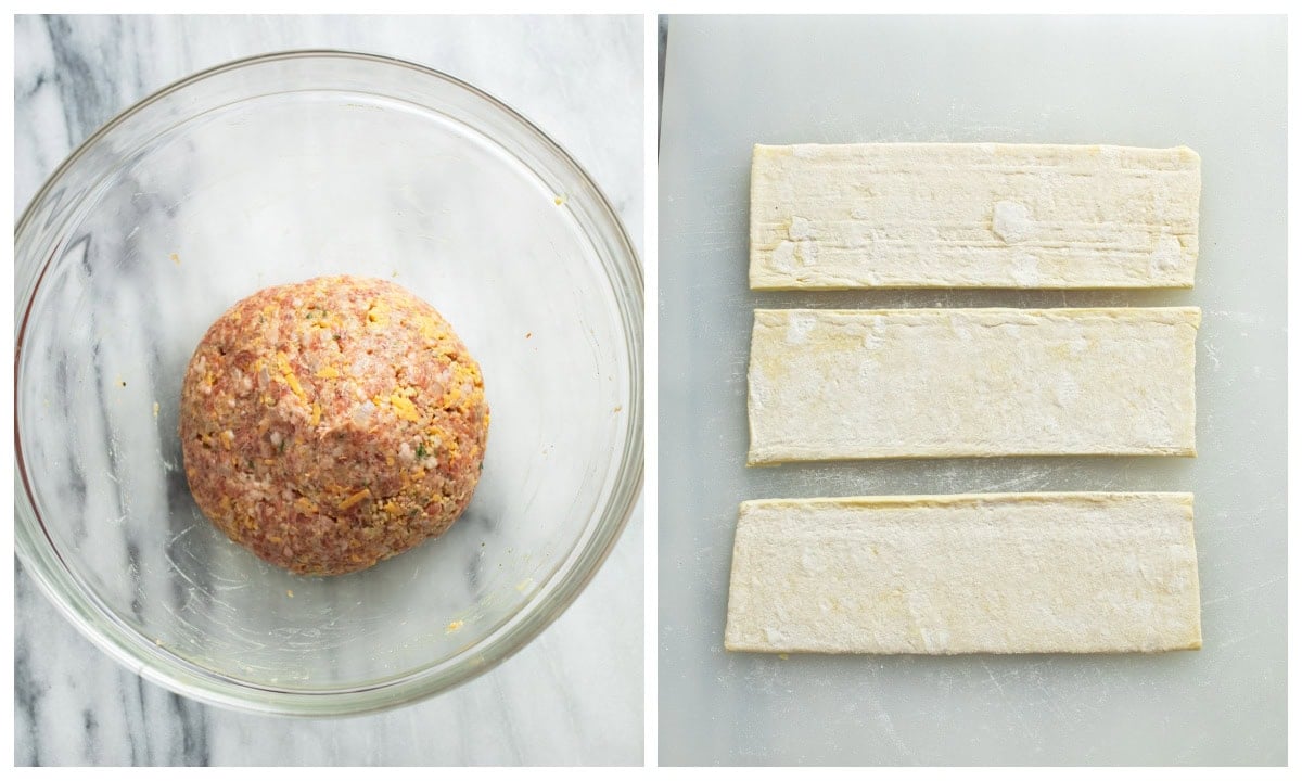 Sausage Roll filling in a glass bowl next to a sheet of sliced puff pastry.