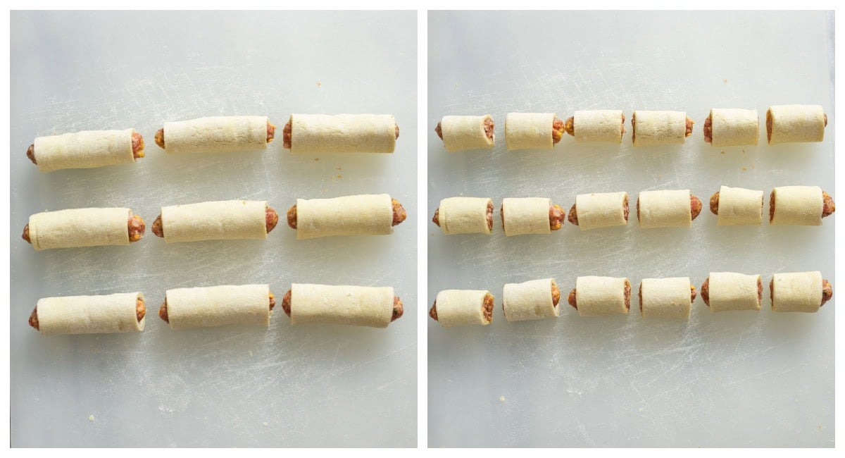 Sausage rolls being cut into smaller bites.