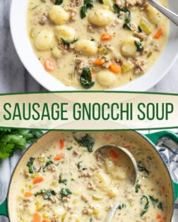 A collage of Sausage Gnocchi Soup in a white soup bowl and in a soup pot.