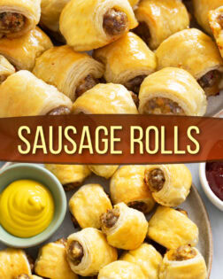 A labeled collage of Sausage Rolls on a plate with mustard on the side for dipping.