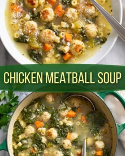 A collage of Chicken Meatball Soup in a soup pot and in a white serving bowl.