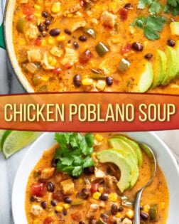 A collage of Chicken Poblano Soup in a soup pot and in a white bowl.