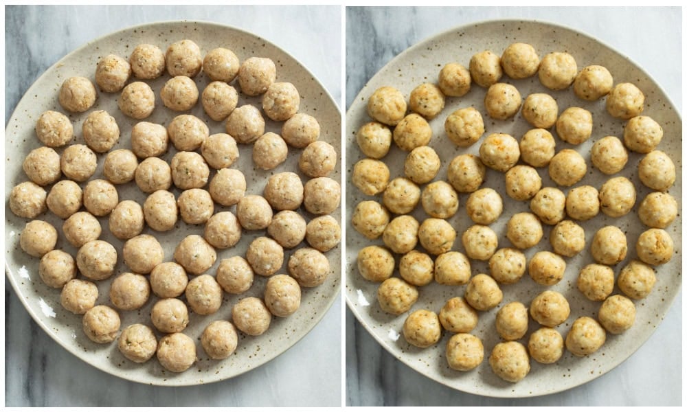 Chicken meatballs on a plate before and after being oven baked.