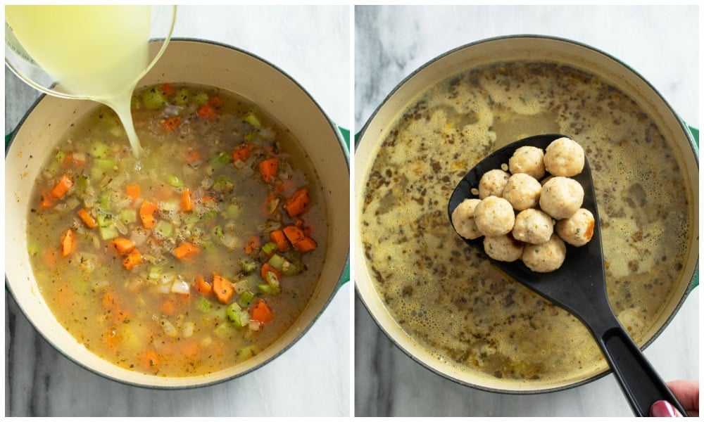 Adding broth and meatballs to a pot of soup to make chicken meatball soup.