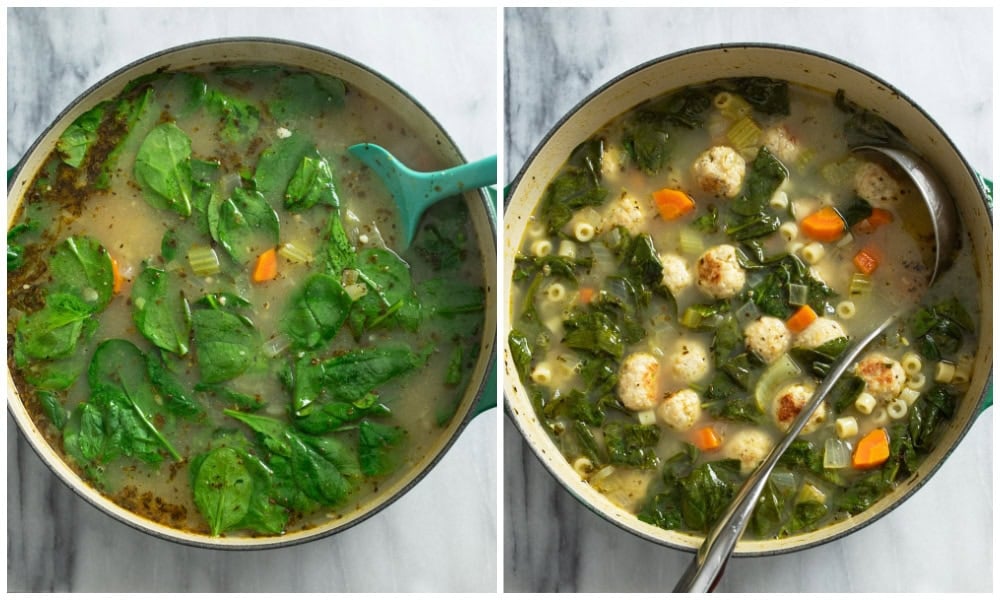 Adding spinach to a pot of Chicken Meatball Soup.