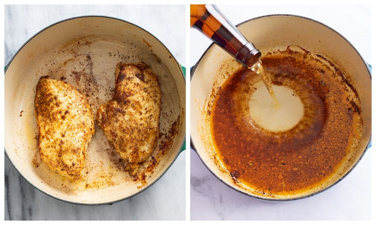 Seared chicken in a soup pot next to a soup pot being deglazed with beer.