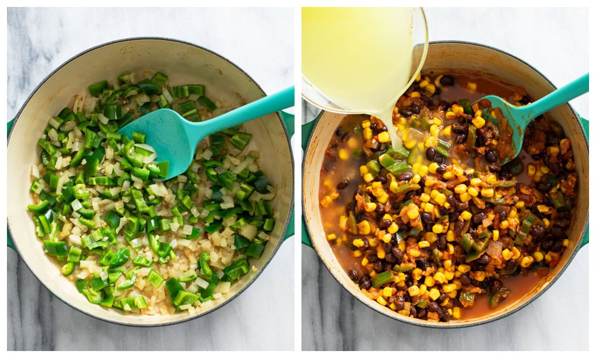 A soup pot with onions and poblano peppers next to a skillet with broth being added to corn and black beans.