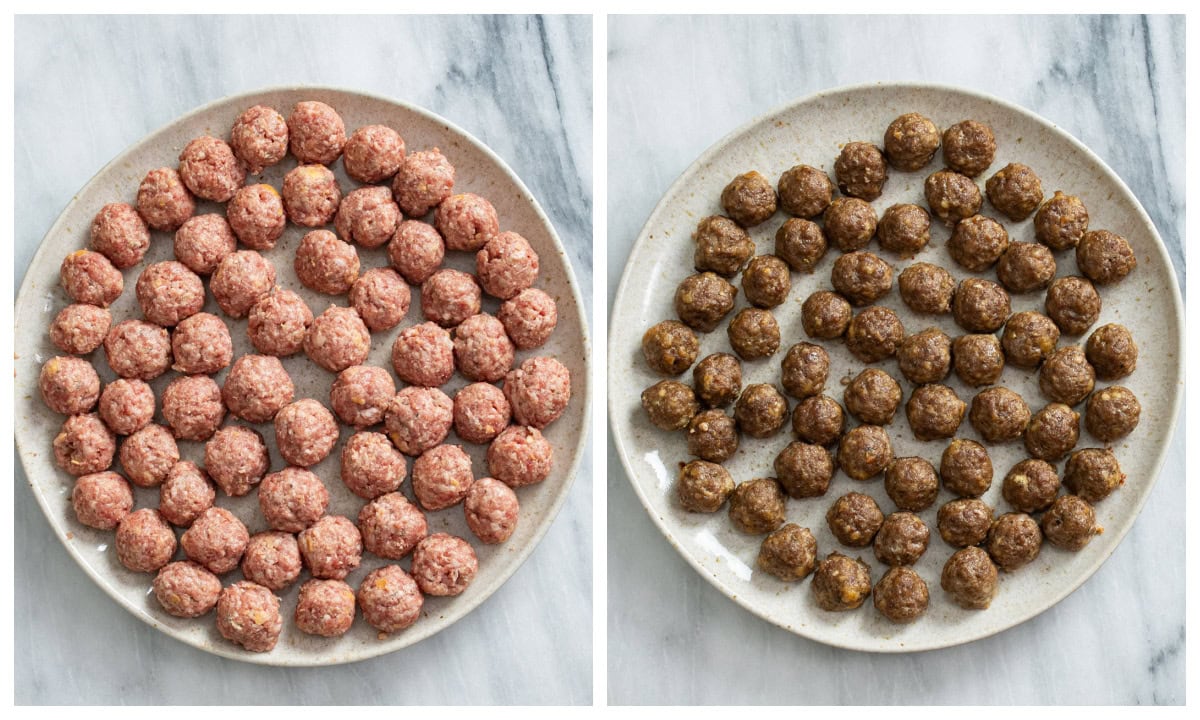 A plate of uncooked meatballs next to a plate of meatballs after they've been baked.