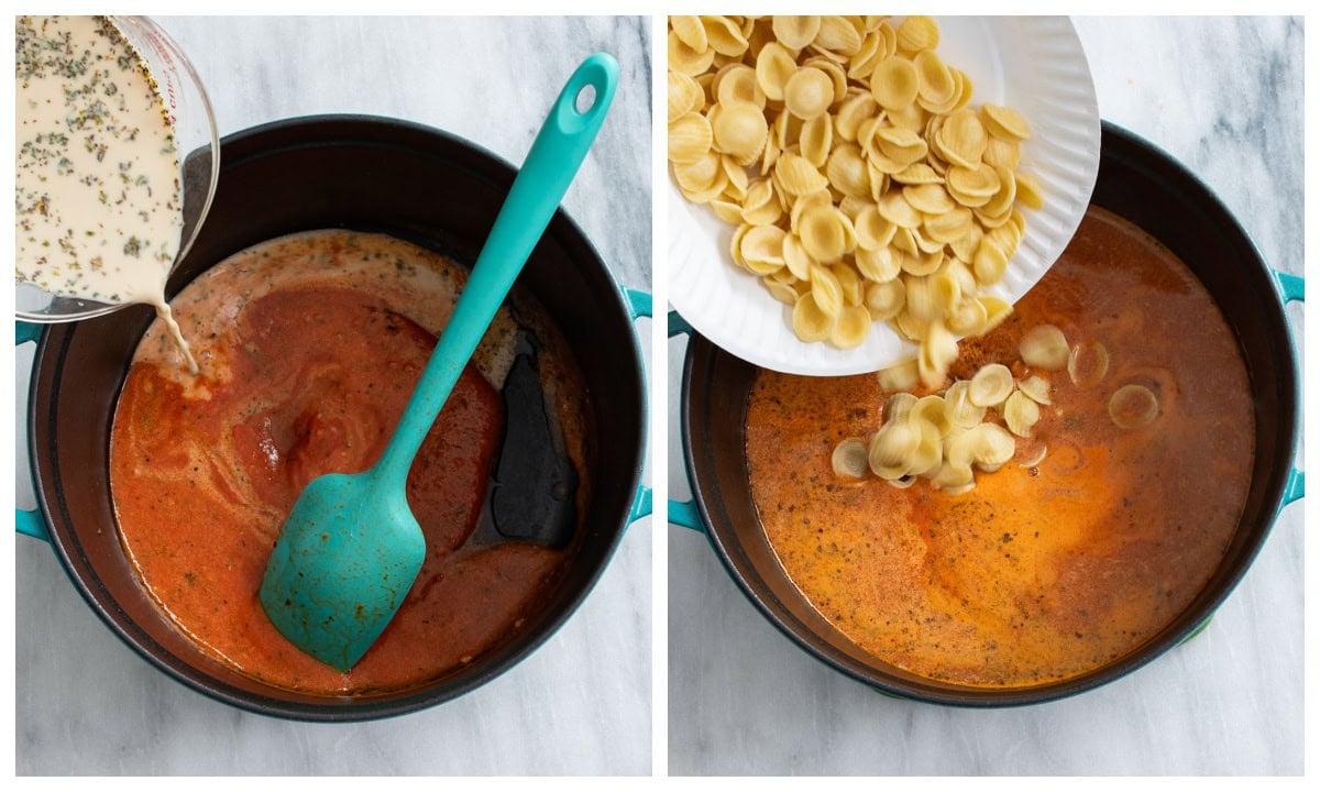 Making a tomato sauce and adding pasta to make meatball pasta.