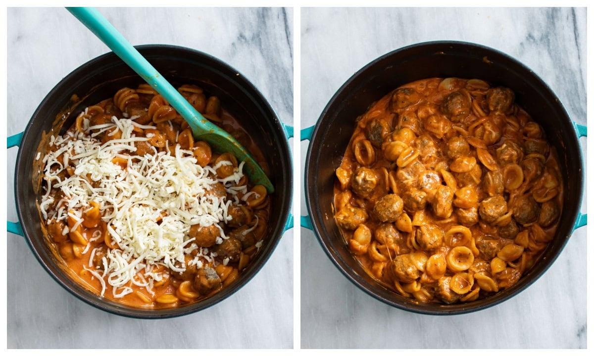 Adding cheese to a pot of Meatball Pasta next to a pot of the finished pasta.