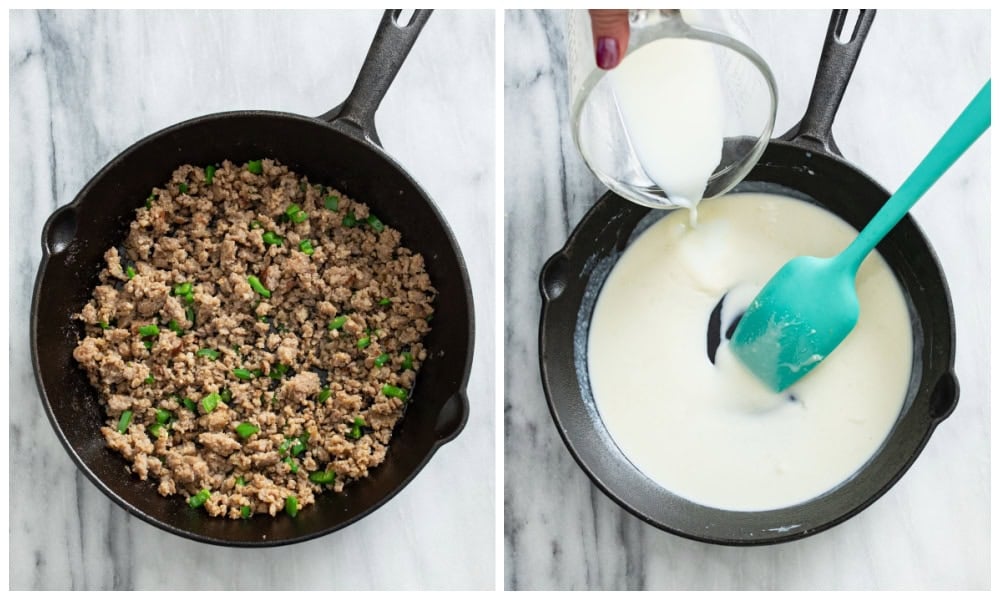 A cast iron skillet with cooked ground sausage next to a skillet with milk being added.