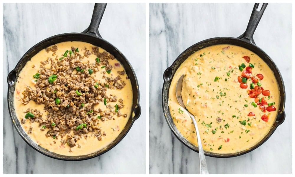 Adding sausage to a skillet of Rotel dip.