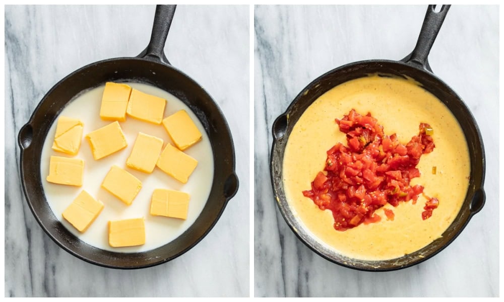 Adding Velveeta and Rotel tomatoes to a skillet of cheese dip.