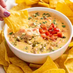 A hand dipping a tortilla chip into a white bowl of Rotel Dip.
