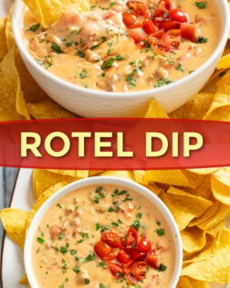 A collage of Rotel Dip in a white bowl with a label in the middle.