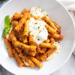 Burrata Pasta on a white plate with fresh basil on the side and creamy burrata cheese on top.