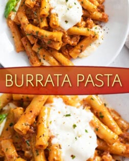 A collage of Burrata Pasta on a white plate with tomato sauce and creamy burrata cheese.