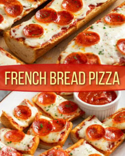 A collage of French Bread Pizza on a baking sheet and on a white platter.