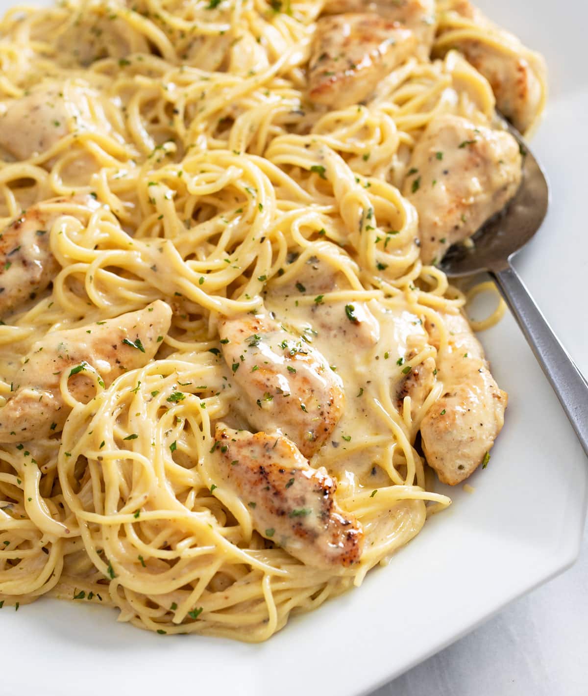 A white platter of Garlic Parmesan Pasta with a creamy sauce and bites of chicken.