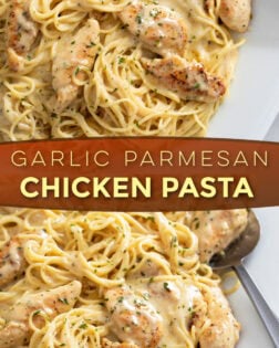 A collage of Garlic Parmesan Chicken on a white platter.