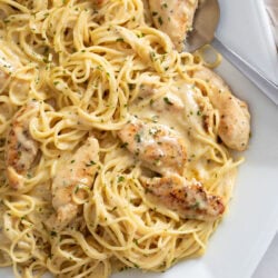 Garlic Parmesan Chicken Pasta with spaghetti and a creamy garlic parmesan sauce.