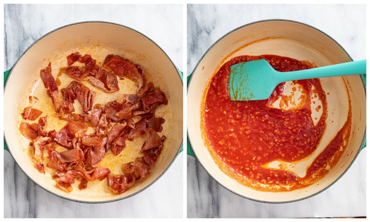 A pot of cooked prosciutto next to a pot of garlic and tomato paste.