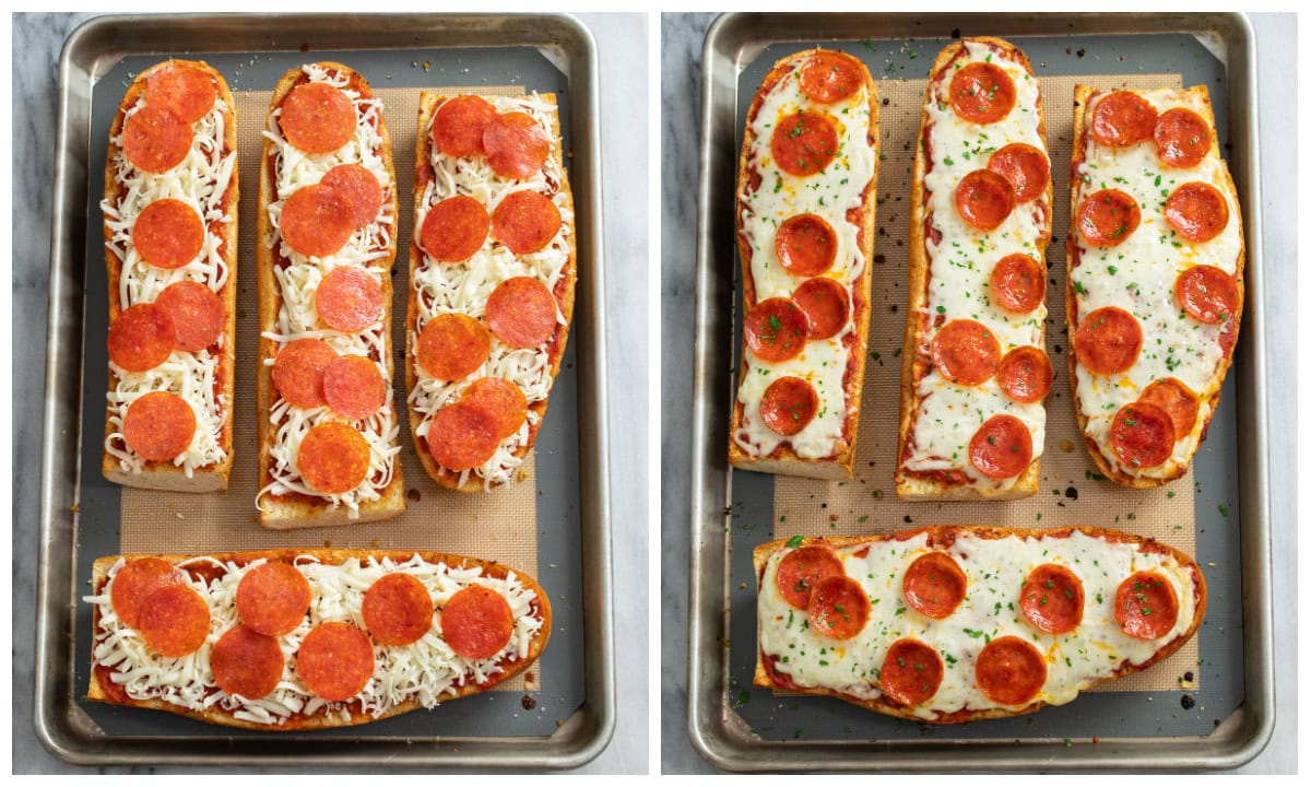 French Bread Pizza before and after being oven baked.