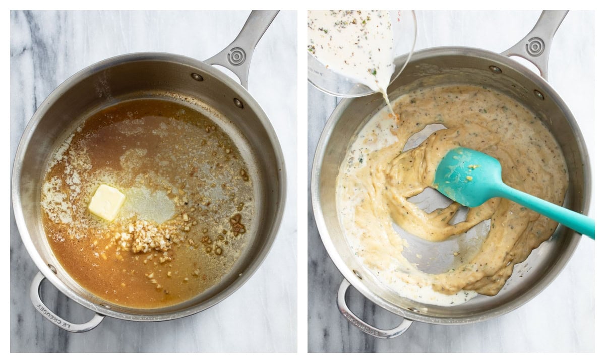 A skillet with melted butter and garlic next to a skillet with a garlic parmesan sauce being added.