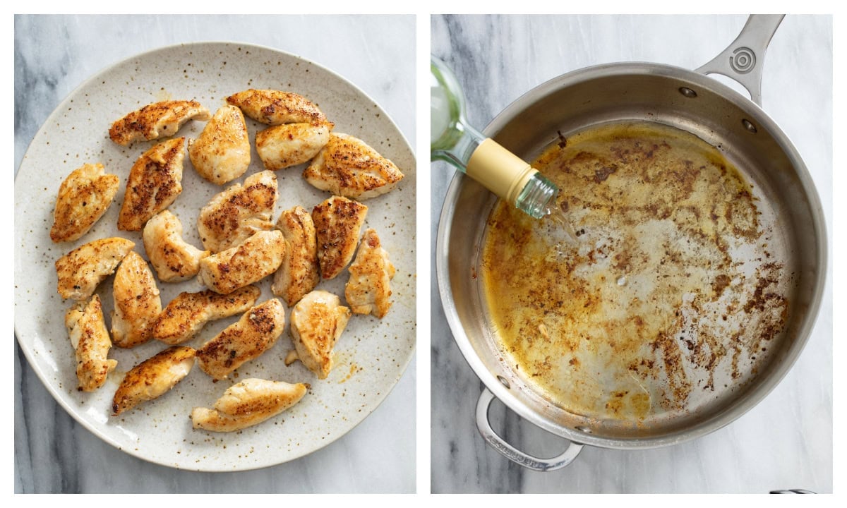 A plate of sliced and cooked chicken next to a skillet being deglazed with white wine.