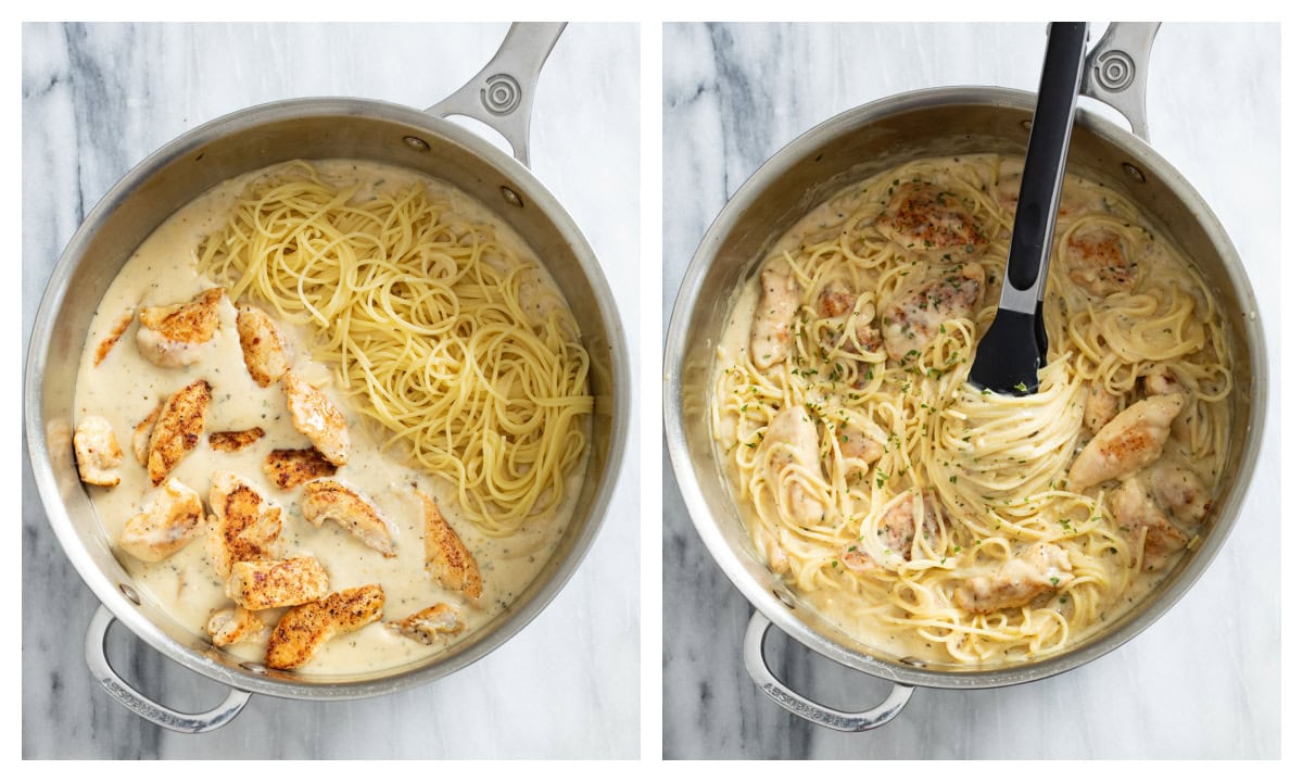 Adding chicken and spaghetti to a creamy garlic parmesan sauce and stirring to combine.