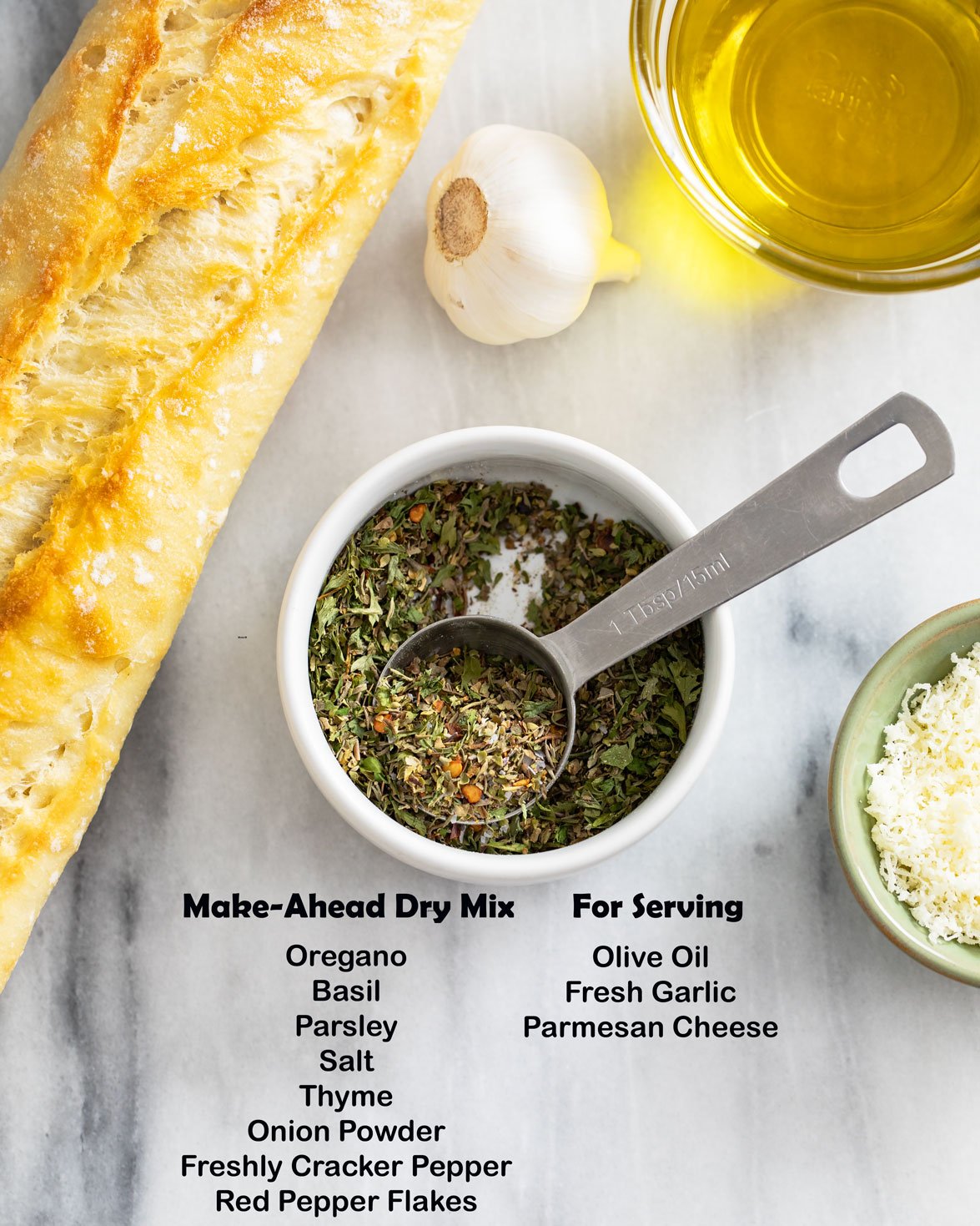 A visual and list of ingredients to make Olive Oil Bread Dip.