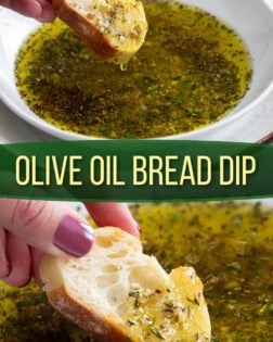 A collage of a hand dipping a slice of bread into Olive Oil Bread Dip.