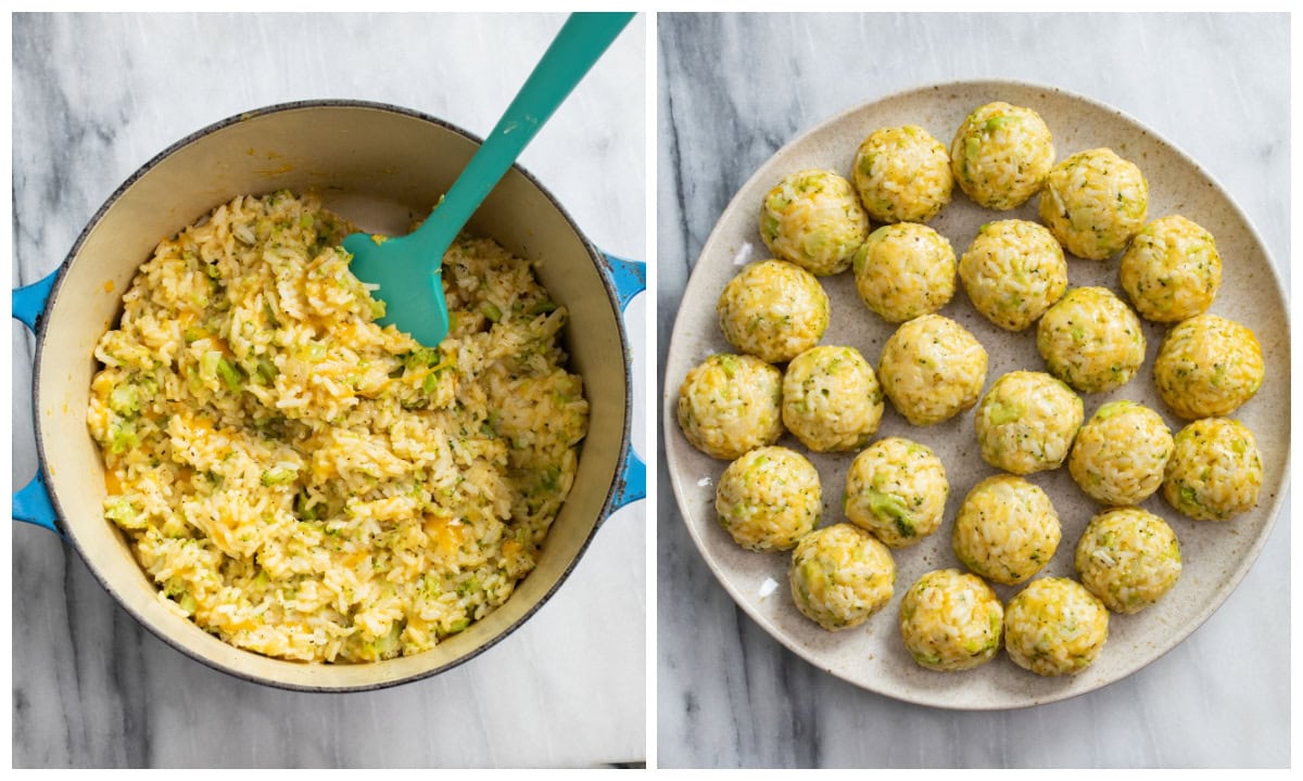 A plate of cheesy broccoli rice next to a plate of rolled rice balls.