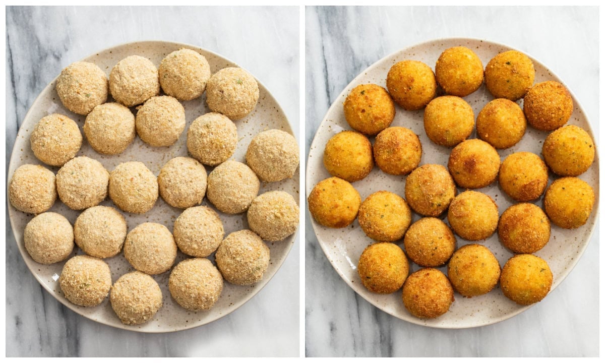 Rice Balls on a plate before and after being fried.