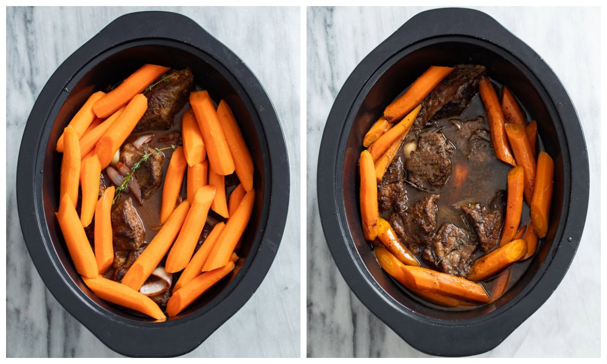 Short ribs and carrots in a slow cooker before and after being cooked.