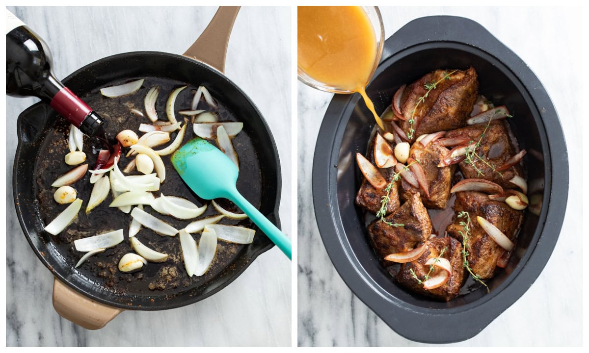 A skillet of sliced onions and garlic cloves being deglazed with red wine next to a slow cooker with short ribs.