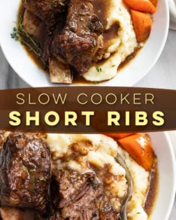 A collage of Slow Cooker Short Ribs on a white plate with carrots and mashed potatoes.