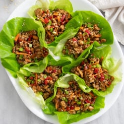 Chicken Lettuce Wraps on a white platter with toppings and chicken in sauce.