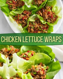 A collage of Chicken Lettuce Wraps on a white plate and a platter.