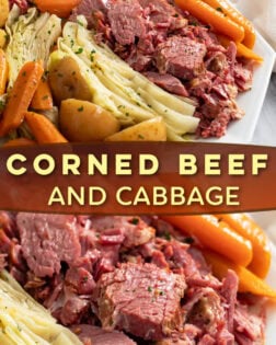 A collage of Corned Beef and Cabbage on a white platter with potatoes and carrots.