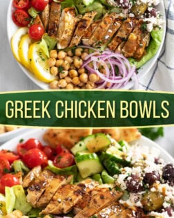 A collage of Greek Chicken Bowls from an overhead view and side view.