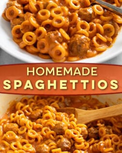 A collage of Homemade Spaghettios in a white bowl and in a green pot.